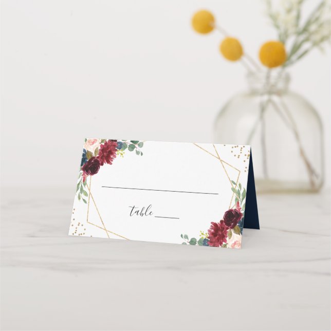 Burgundy Navy Blue Floral Modern Geometric Wedding Place Card (Front)