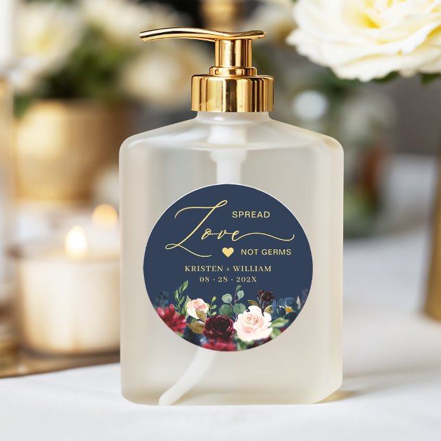 Burgundy Navy Blue Floral Sanitizer Wedding Favor Classic Round Sticker (Creator Uploaded)