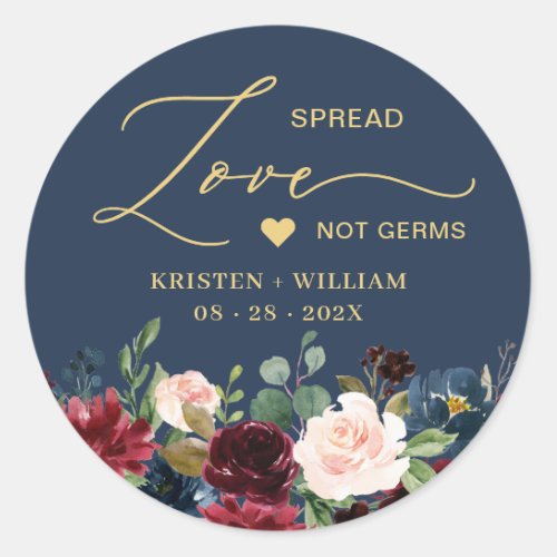 Burgundy Navy Blue Floral Sanitizer Wedding Favor Classic Round Sticker