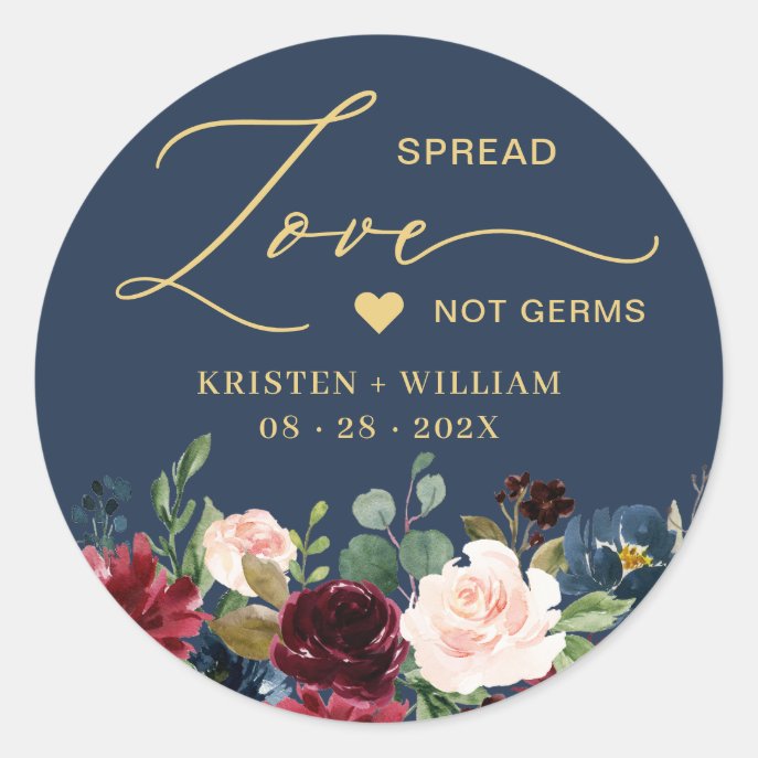 Burgundy Navy Blue Floral Sanitizer Wedding Favor Classic Round Sticker
