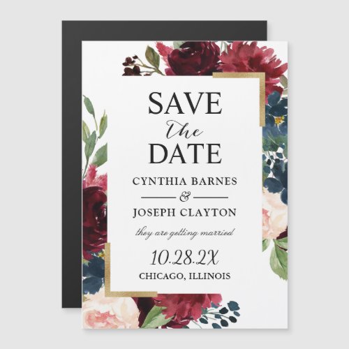 Burgundy Navy Blue Floral Save the Date Magnet