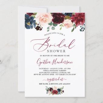 Burgundy Navy Blue Floral Script Bridal Shower Invitation | Zazzle