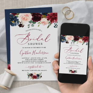Burgundy Navy Blue Floral Script Bridal Shower Invitation