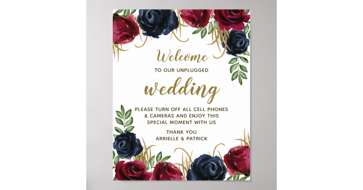 Burgundy Navy Blue Floral Unplugged Wedding Sign | Zazzle