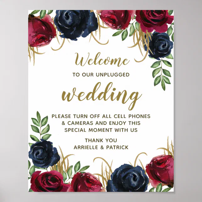 Burgundy Navy Blue Floral Unplugged Wedding Sign | Zazzle