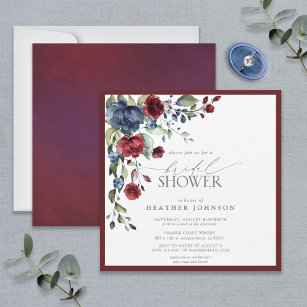 Burgundy Navy Blue Floral Watercolor Bridal Shower Invitation