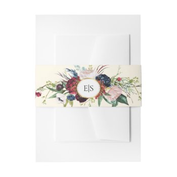Burgundy Navy Blue Floral Watercolor Cream Wedding Invitation Belly Band by YourWeddingDay at Zazzle
