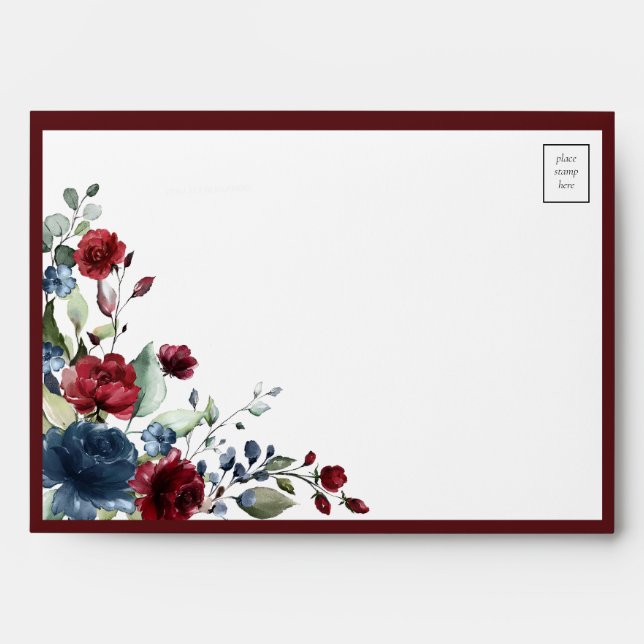 Burgundy Navy Blue Floral Watercolor Envelope (Front)
