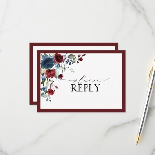 Burgundy Navy Blue Floral Watercolor Script RSVP