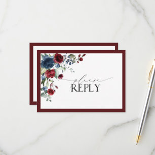 Burgundy Navy Blue Floral Watercolor Script RSVP Card