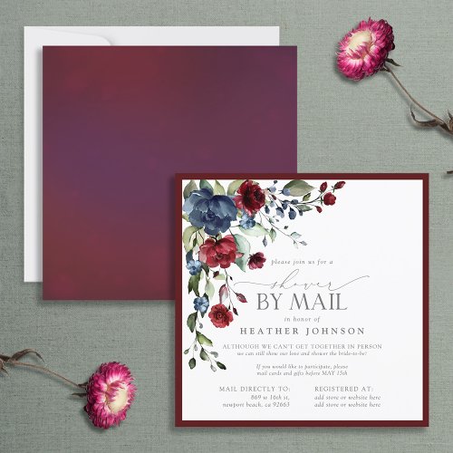 Burgundy Navy Blue Floral Watercolor Shower Mail Invitation