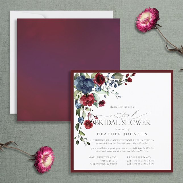 Burgundy Navy Blue Floral Watercolor Virtual Invitation (Creator Uploaded)