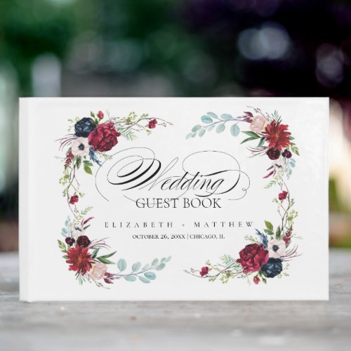 Burgundy  Navy Blue Floral Watercolor Wedding Guest Book