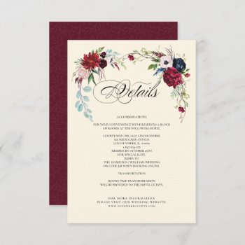 Burgundy | Navy Blue Floral Wedding Detail Card by YourWeddingDay at Zazzle