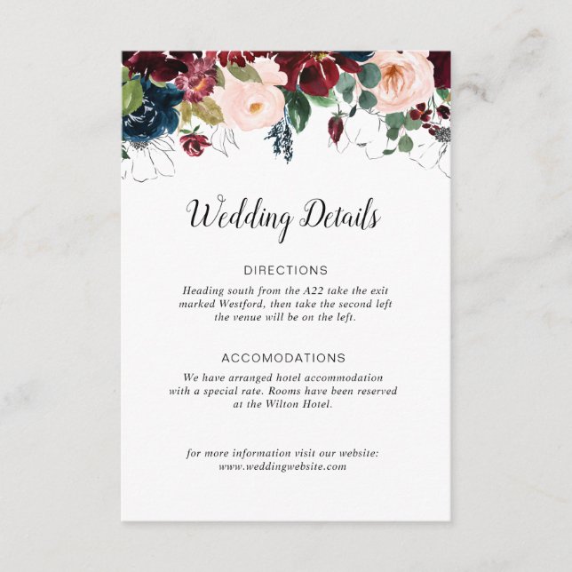 burgundy navy blue floral wedding details card (Front)
