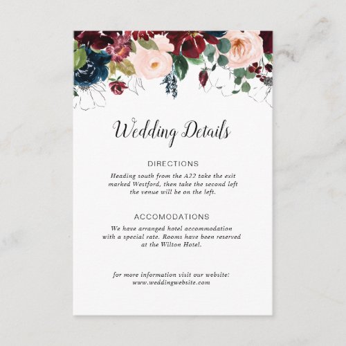 burgundy navy blue floral wedding details card