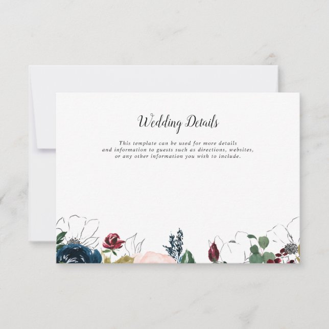 burgundy navy blue floral wedding details card (Front)