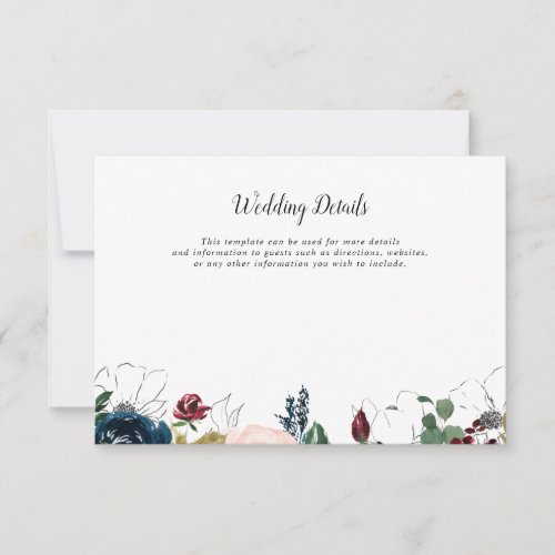 burgundy navy blue floral wedding details card