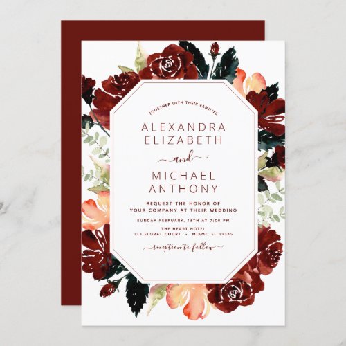 Burgundy Navy Blue Floral Wedding Elegant Invitation