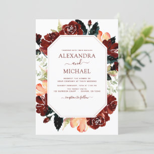 Burgundy Navy Blue Floral Wedding Elegant Invitation