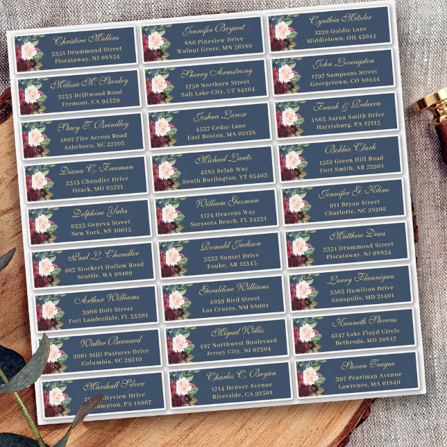 Burgundy Navy Blue Floral Wedding Guest Address Sticker | Zazzle