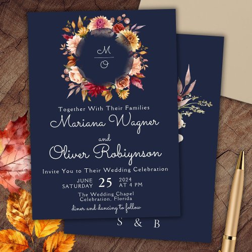 Burgundy Navy Blue Floral Wedding Invitation