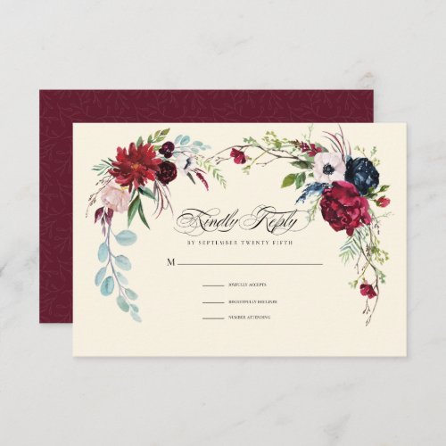 Burgundy  Navy Blue Floral Wedding RSVP Card