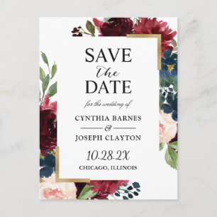 Burgundy Navy Blue Floral Wedding Save the Date Postcard