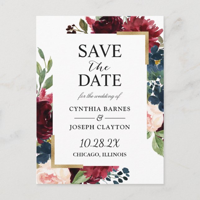 Burgundy Navy Blue Floral Wedding Save the Date Postcard (Front)