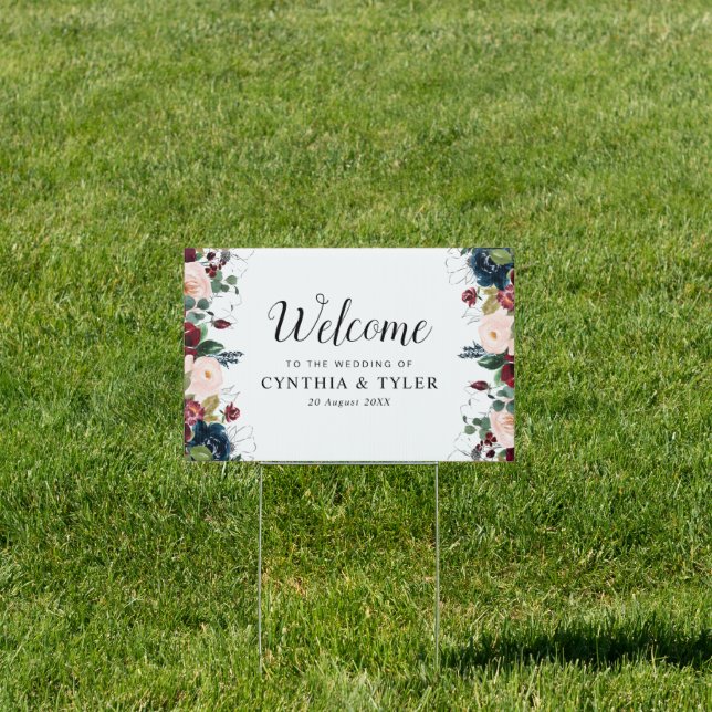 burgundy navy blue floral welcome wedding sign (Insitu)