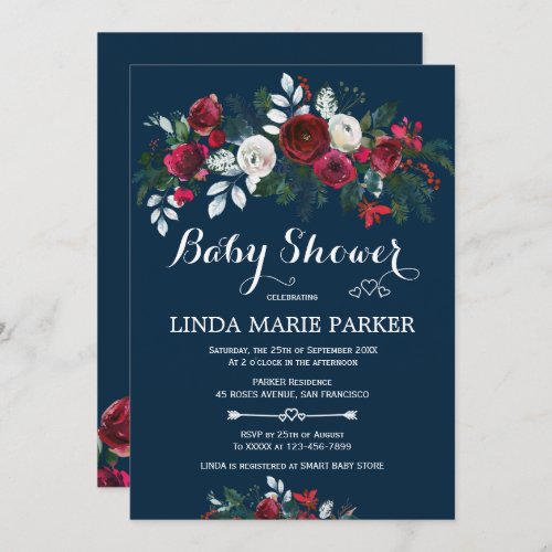 Burgundy navy blue floral winter baby shower invitation