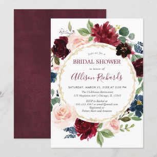 Burgundy navy blue floral wreath bridal shower invitation