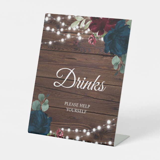Burgundy & Navy Blue Flower Drinks Sign (Front)