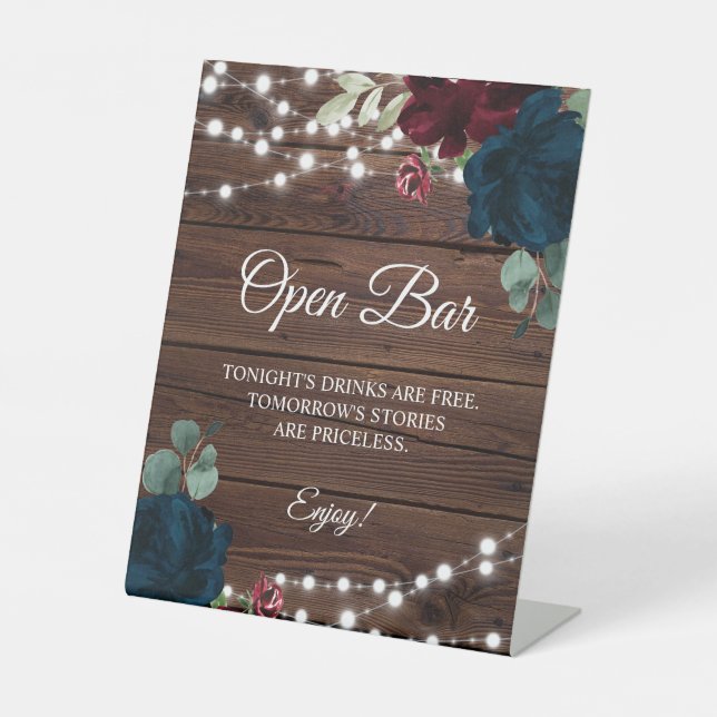 Burgundy & Navy Blue Flower Open Bar Sign (Front)