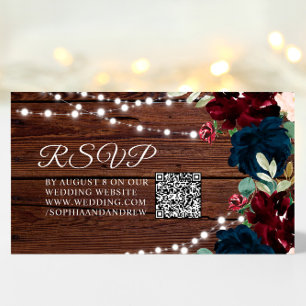 Burgundy & Navy Blue Flower Rustic Wedding QR RSVP Enclosure Card