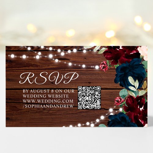 Burgundy  Navy Blue Flower Rustic Wedding QR RSVP Enclosure Card