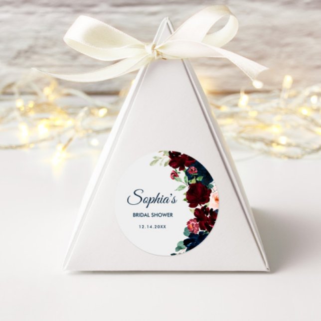 Burgundy & Navy Blue Flowers Rustic Bridal Shower Classic Round Sticker (Creator Uploaded)