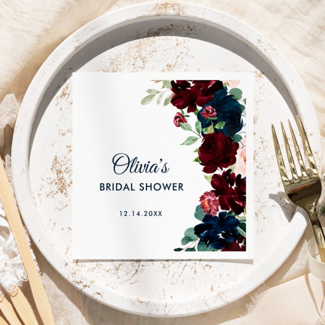 Burgundy & Navy Blue Flowers Rustic Bridal Shower Napkins (Creator Uploaded)