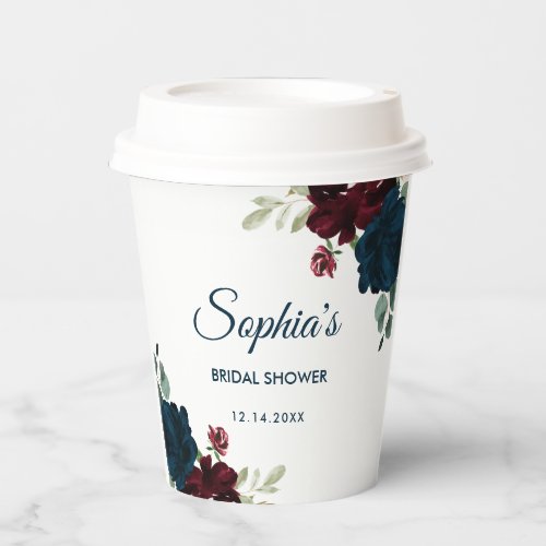 Burgundy  Navy Blue Flowers Rustic Bridal Shower Paper Cups