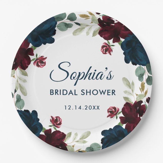 Burgundy & Navy Blue Flowers Rustic Bridal Shower Paper Plates (Front)