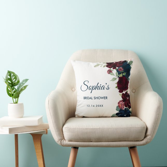 Burgundy & Navy Blue Flowers Rustic Bridal Shower Throw Pillow (Chair)