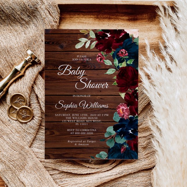 Burgundy & Navy Blue Flowers Wood Baby Shower Invitation (Creator Uploaded)