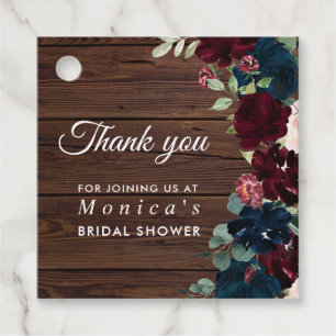 Burgundy & Navy Blue Flowers Wood Bridal Shower Favor Tags