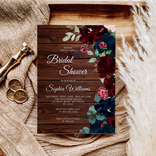 Burgundy  Navy Blue Flowers Wood Bridal Shower Invitation