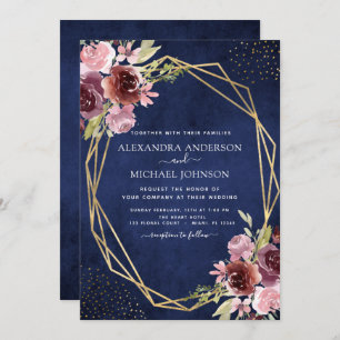 Burgundy Navy Blue Geometric Floral Wedding Invitation