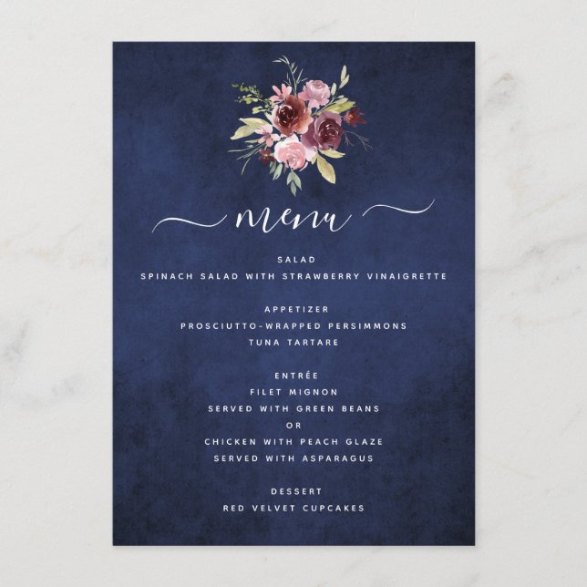 Burgundy Navy Blue Geometric Floral Wedding Menu (Front)