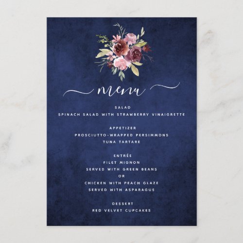 Burgundy Navy Blue Geometric Floral Wedding Menu