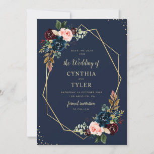 burgundy & navy blue geometric save the date invitation