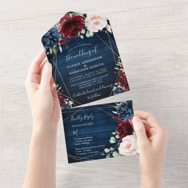 Burgundy Navy Blue Gold Blush Pink Country Wedding All In One Invitation (Tearaway)
