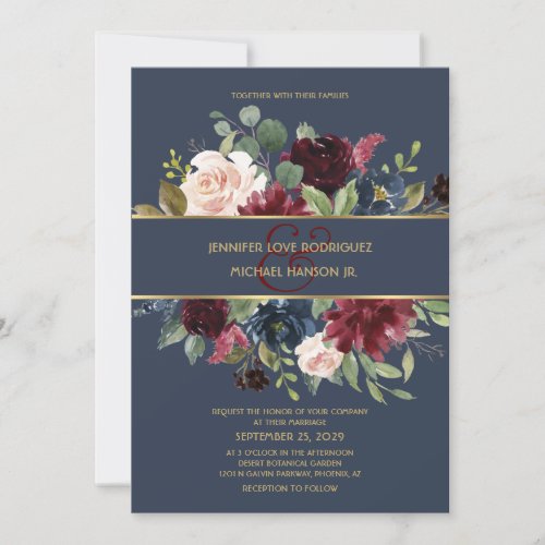 Burgundy  Navy Blue Gold Floral Boho Chic Wedding Invitation